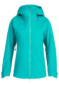 Veste d'extérieur imperméable turquoise avec capuche, fermeture éclair devant, poches latérales et sangles ajustables aux poignets, conçue pour temps froid.