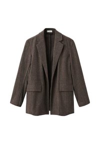 Blazer a quadri grigi e marroni con rever classico, due tasche frontali e un design aperto. Realizzato in un tessuto misto lana testurizzato.
