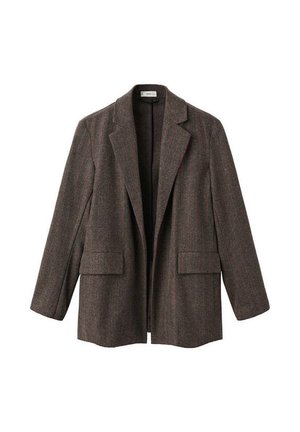 Blazer de cuadros gris y marrón con cuello de pico, dos bolsillos frontales y diseño de frente abierto. Fabricado en una textura de mezcla de lana.