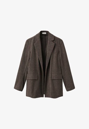 Grau- und braun kariertes Blazer mit Reverskragen, zwei frontalen Taschen und offenem Design. Hergestellt aus strukturiertem Wollmischgewebe.