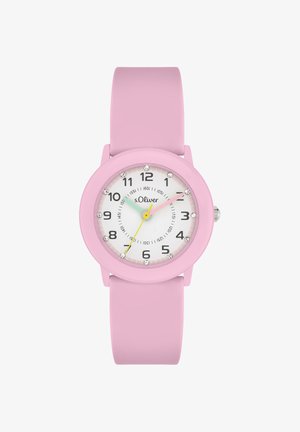 Roze kinderpolshorloge met siliconen band, kwartsmovement, witte wijzerplaat, zwarte cijfers en decoratieve kristallen die de uren markeren.