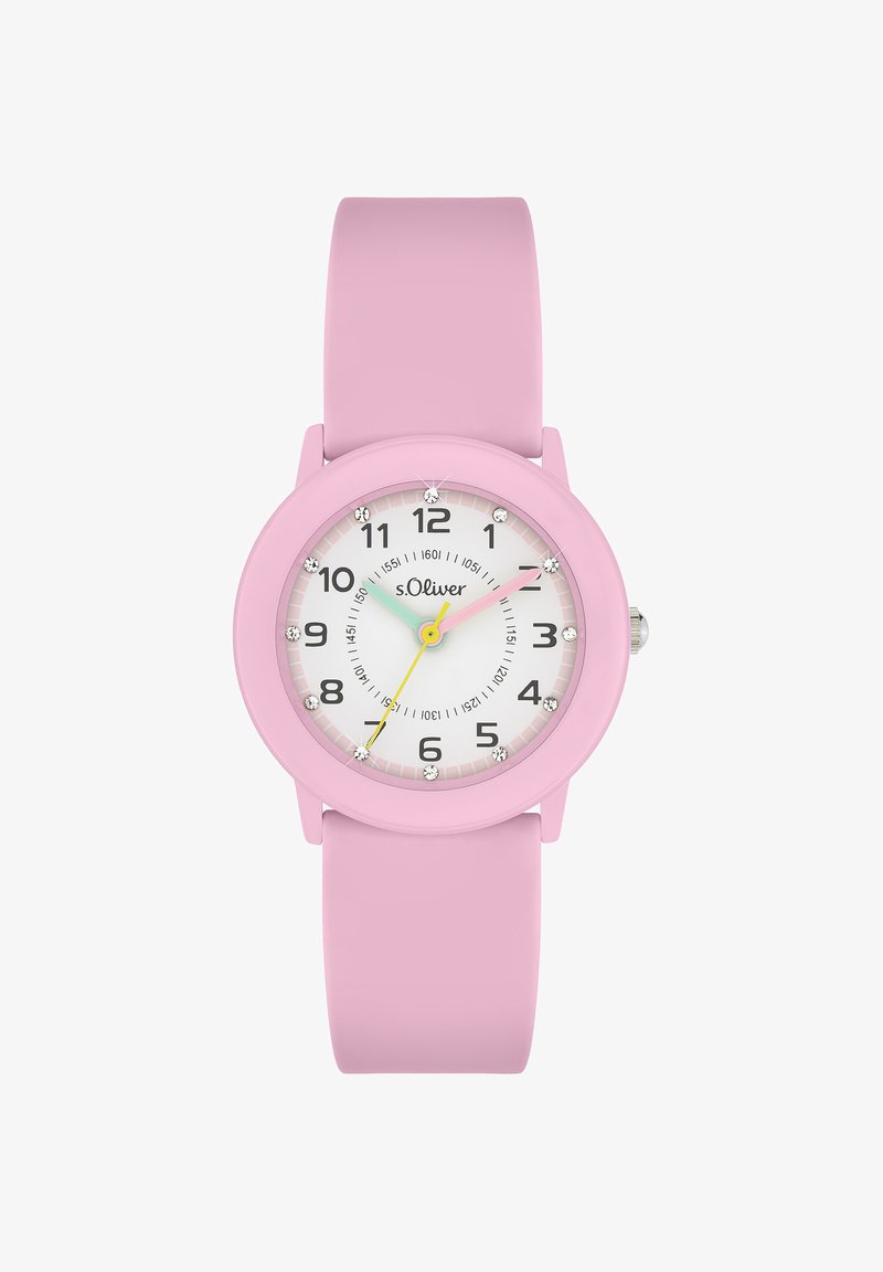 Montre pour enfant rose avec bracelet en silicone, mouvement à quartz, cadran blanc, chiffres noirs et cristaux décoratifs marquant les heures.