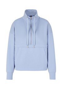Felpa azzurra chiara con collo alto, zip frontale e cordini, maniche lunghe e tasca a marsupio frontale.