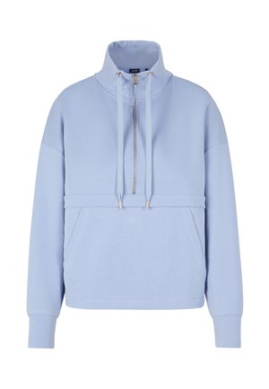 Sweatshirt bleu clair avec col haut, zip sur le devant et cordons de serrage, manches longues et poche kangourou à l'avant.