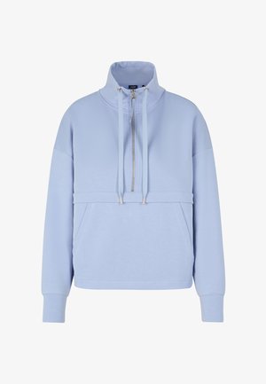 Lichtblauwe sweatshirt met hoge kraag, ritssluiting aan de voorkant en trekkoorden, lange mouwen en een zak aan de voorkant.