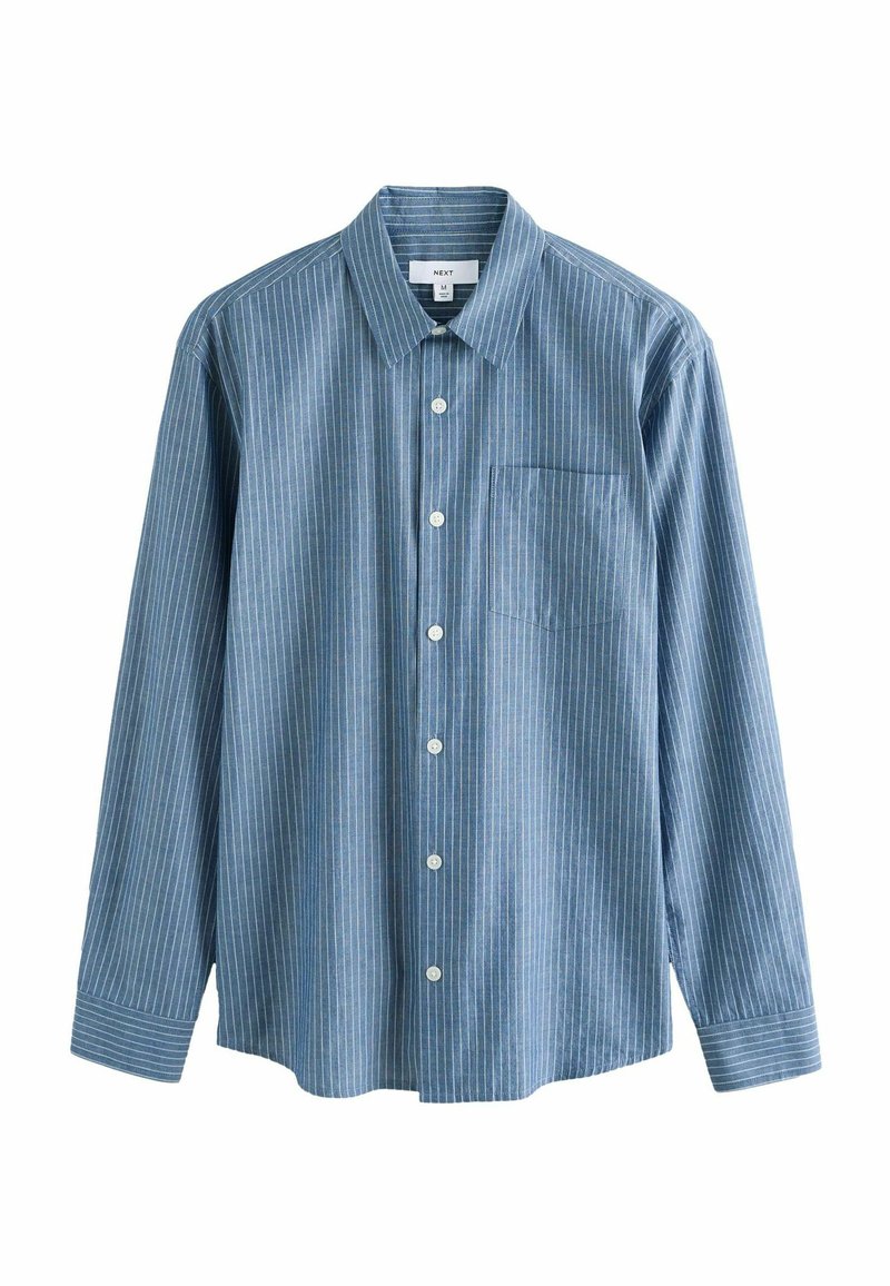 Blue cotton long-sleeve shirt with white vertical stripes, button-down collar, front pocket, and white buttons. Soft texture.