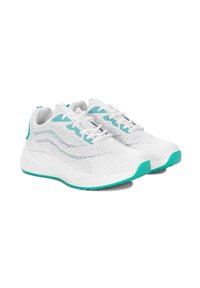 Białe buty sportowe z akcentami w kolorze niebiesko-zielonym, siateczkowa cholewka, teksturowany wzór, wyściełany kołnierz oraz gumowa podeszwa zapewniająca przyczepność. Sznurówki w standardowej konfiguracji.