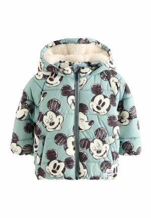Veste d’hiver à capuche bleu clair pour enfant, imprimée de visages de Mickey Mouse en noir et blanc partout, avec une fermeture éclair frontale et une doublure douce.
