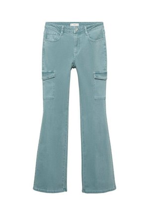 Helle türkisfarbene, weit geschnittene Cargo-Jeans mit zwei seitlichen Taschen, einem Knopfverschluss und Gürtelschlaufen, vor einem schlichten Hintergrund präsentiert.