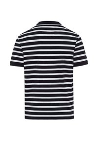 Black and white striped short-sleeve polo shirt with a classic collar, soft cotton material, and a standard fit design.