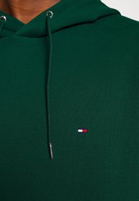 Sudadera de algodón verde con cordones dobles, que presenta un pequeño logo bordado en rojo, blanco y azul cerca del dobladillo.