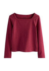 Röd långärmad topp i ribbat tyg, med en vid rund halsringning och en avslappnad passform. Enkel design utan mönster eller detaljer.