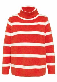 Röd och vit randig polotröja med en mjuk textur, som har långa ärmar och en avslappnad passform. Detaljer inkluderar en hög krage.
