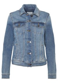 Vaaleansininen farkkutakki klassisella muotoilulla, johon kuuluu kauluksessa, nappikiinnitys, kaksi rintataskua ja näkyvät ompeluyksityiskohdat.