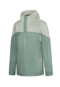 Wasserabweisende Jacke mit einem mintgrünen Körper, hellgrauen Schultern, verstellbarer Kapuze und einer mit orangefarbenem Akzent versehenen Reißverschlusstasche.