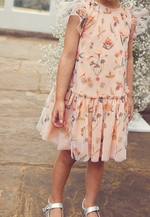 Robe rose clair avec broderies florales, manches transparentes volantées et jupe à volants. Sandales argentées complètent la tenue.