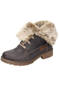 Bruine leren enkelboots met nepbont kraag, ronde neus, vetersluiting en een gestructureerde beige zool. Kenmerkt zich door stiksels en een merkaccent.