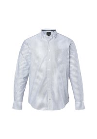 Camicia con bottoni e colletto alla coreana, caratterizzata da righe verticali blu e bianche, maniche lunghe e una tasca sul petto sul lato sinistro.