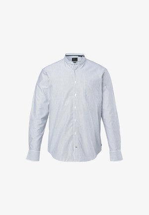 Koszula zapinana na guziki z kołnierzykiem typu stójka, z pionowymi niebiesko-białymi paskami, długimi rękawami i kieszenią na piersi po lewej stronie.