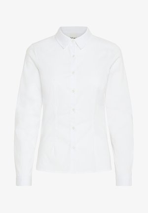 Biela košeľa s gombíkmi vyrobená z hladkého materiálu. Má dlhé rukávy, klasický golier a šesť predných gombíkov s priliehavým strihom.