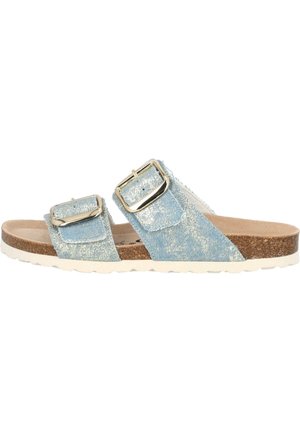 Blue denim sandals with two adjustable straps and metallic buckles, featuring a cork footbed and a white rubber sole.