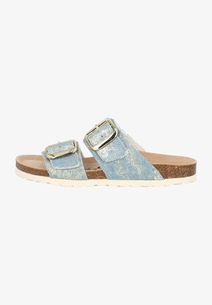 Sandalias de mezclilla azul con dos tiras ajustables y hebillas metálicas, con plantilla de corcho y suela de goma blanca.