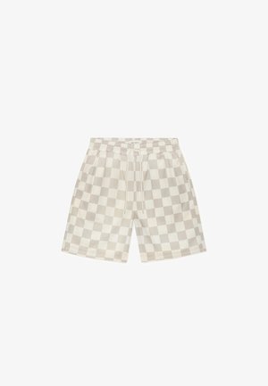 Shorts à carreaux beige clair avec une coupe décontractée, équipés d'une ceinture élastique avec cordon de serrage et de poches latérales. Confectionnés en tissu respirant.