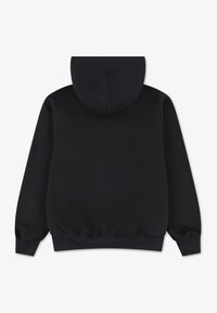 Black sweatshirt with a hood, featuring a smooth texture, ribbed cuffs and hem, and a simple design. The back is plain without graphics.