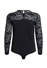 Črn bodysuit z dolgimi rokavi in čipkastimi rokavi ter zgornjim delom hrbta, z odprtino za gumb na vratu, prilegajoča silhueta.