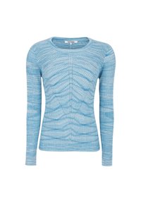 Ljusblå långärmad stickad topp med texturerat mönster och figurnära design, med rund halsringning och ribbade detaljer genom hela plagget.