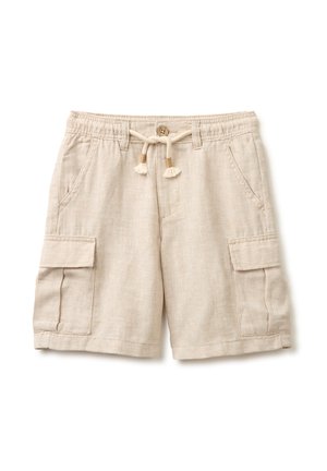 Beige linnen cargoshorts met elastische tailleband, koordje met kwastjes, knoopsluiting, zijzakken en klepzakken op beide pijpen.