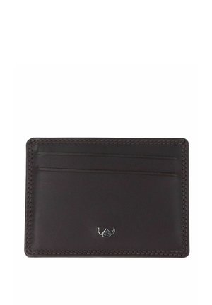Dark brown leather card holder with two card slots and a small silver bull emblem centered at the bottom.