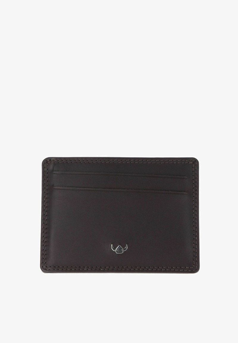 Porte-cartes en cuir marron foncé avec deux emplacements pour cartes et un petit emblème de taureau argenté centré en bas.