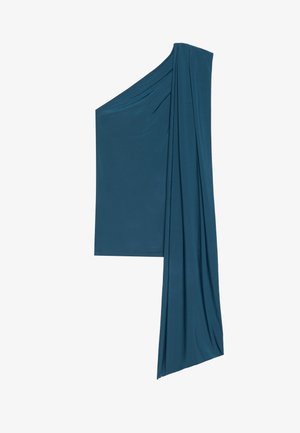 Asymmetrical teal top made from soft, lightweight fabric. Features draped detailing on one side and a straight hem on the other.