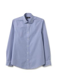 Camisa de vestir azul claro con finas rayas blancas, de mangas largas, con cierre de botón en la parte delantera y un cuello clásico. Está hecha de una tela suave.