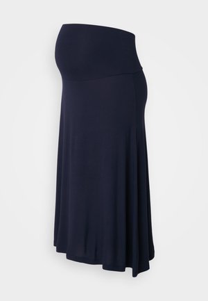 Nėštumo sijonas tamsiai mėlynos spalvos, pagamintas iš minkštos, tamprios medžiagos. Yra aukštas liemuo ir plačios, A formos dizainas.