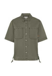 Chemise boutonnée à manches courtes vert olive avec deux poches poitrine et cordons de serrage à l'ourlet, tissu en coton.