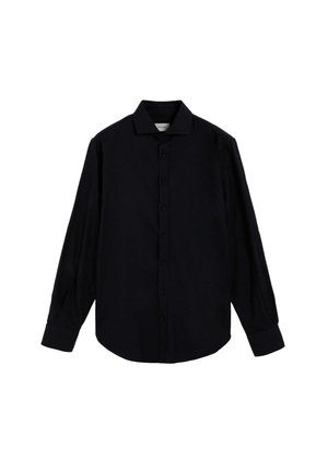 Black long-sleeve button-up shirt with a collar, made of a smooth fabric, featuring a regular fit and a curved hemline.