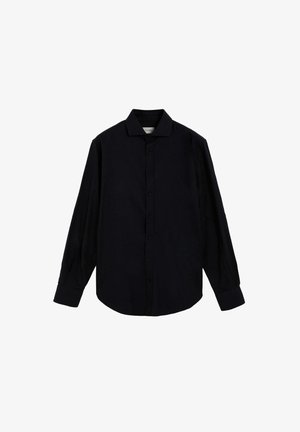 Black long-sleeve button-up shirt with a collar, made of a smooth fabric, featuring a regular fit and a curved hemline.