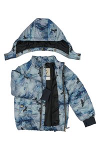 Giacca imbottita con un motivo ad acquerello blu e nero, cappuccio rimovibile, zip frontale e polsini elasticizzati. Realizzata in un materiale liscio e lucido.