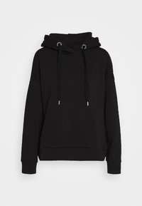 Zwarte hoodie met een losse pasvorm, lange mouwen, verstelbare koordjes en metalen oogjes. Zachte stofstructuur en geribde manchetten.