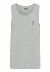 Top gri din bumbac cu un amestec de țesături, având un guler rotund și un mic buzunar cu un grafic decorativ reprezentând o băutură.