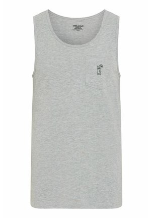 Débardeur gris en tissu mélangé coton, avec un col rond et une petite poche ornée d'un graphique de boisson décoratif.