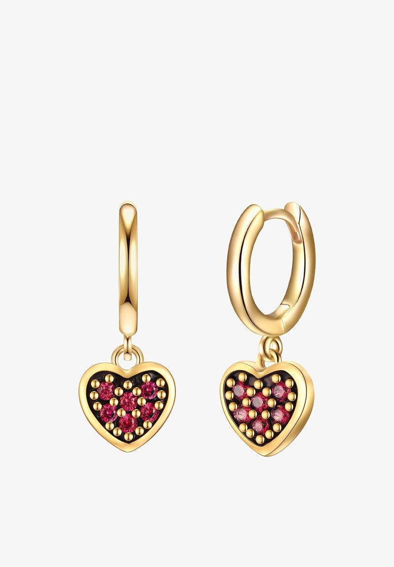 Zelta sirds formas auskari ar rozā akmeņiem, kas iemontēti zelta akcentos. Dizainā ir iekļauta riņķveida piekare drošai valkāšanai.