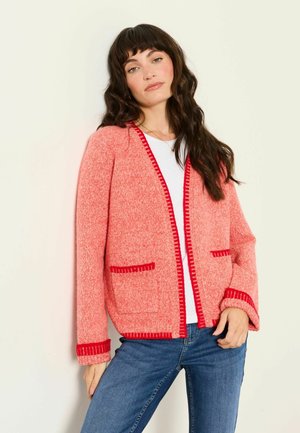 Frau mit langen dunklen Haaren, die eine rosa Strickjacke mit rotem Besatz über einem weißen Hemd und blauer Jeans trägt, steht vor einem hellen Hintergrund.