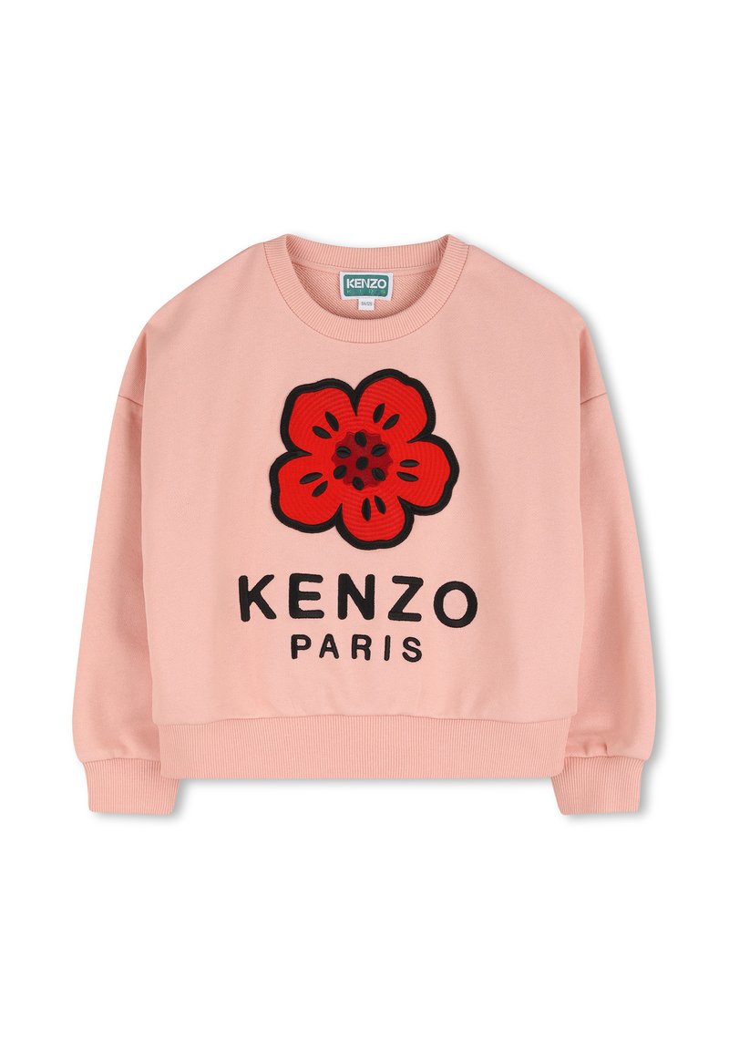 Sweatshirt en coton rose avec un motif de fleur rouge et le texte "KENZO PARIS" en noir, doté de poignets et d'un ourlet côtelés.