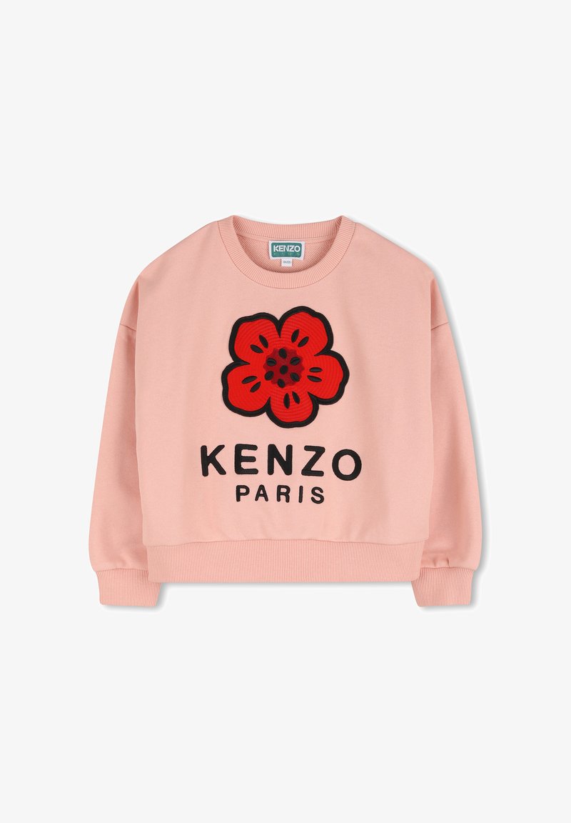 Sweatshirt en coton rose avec un motif de fleur rouge et le texte "KENZO PARIS" en noir, doté de poignets et d'un ourlet côtelés.