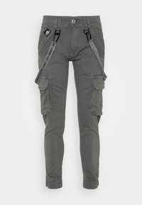 Pantalones cargo en un tejido de algodón gris con correas ajustables en los lados, bolsillos laterales y traseros, y puños elásticos en los tobillos.