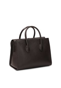 Borsa a tracolla nera in pelle con due manici superiori, forma rettangolare, superficie testurizzata e sottili dettagli di cucitura sui lati.
