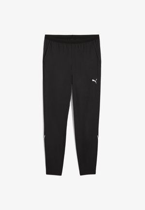 Zwarte sportbroek met een elastische tailleband, zijzakken en witte logo-accenten. Heeft een slim fit en een taps toelopend ontwerp.